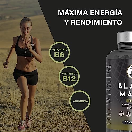 Maca Negra Andina Peruana con L arginina 50 capsulas, Alta concentración para máxima energía y rendimiento, Vitaminas B6 y B12 contra cansancio y fatiga, maka para hombres y mujeres (50 Cápsulas)