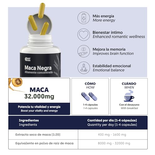 Maca Negra Andina Pura 32.000mg Ultraconcentrada | 20:1 | Potencia Energía y Vitalidad Íntima | Mejora Rendimiento, Memoria y Ánimo | 140 Cápsulas Veganas de Alta Potencia