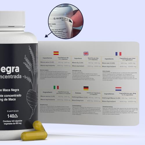 Maca Negra Andina Pura 32.000mg Ultraconcentrada | 20:1 | Potencia Energía y Vitalidad Íntima | Mejora Rendimiento, Memoria y Ánimo | 140 Cápsulas Veganas de Alta Potencia