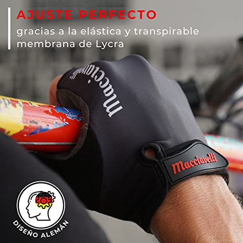 MACCIAVELLI® - Guantes de Ciclismo, Guantes MTB de Medio Dedo, Adecuado para Bicicleta de Carretera y de Montaña, Guantes Bici para Hombres y Mujeres (Negro)