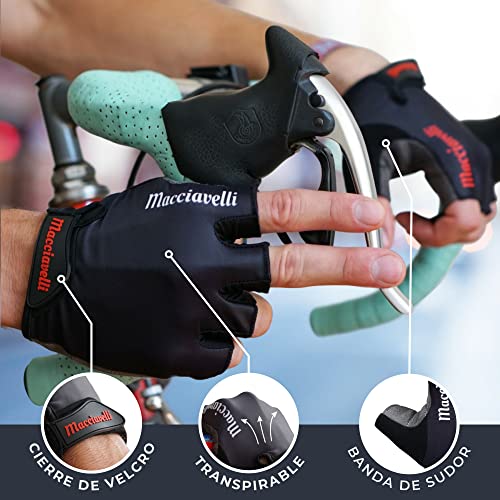 MACCIAVELLI® - Guantes de Ciclismo, Guantes MTB de Medio Dedo, Adecuado para Bicicleta de Carretera y de Montaña, Guantes Bici para Hombres y Mujeres (Negro)