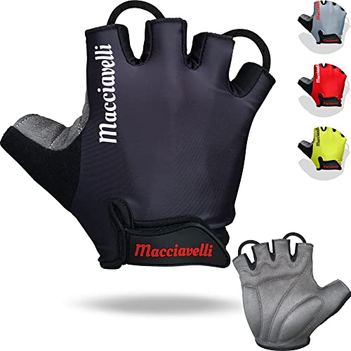 MACCIAVELLI® - Guantes de Ciclismo, Guantes MTB de Medio Dedo, Adecuado para Bicicleta de Carretera y de Montaña, Guantes Bici para Hombres y Mujeres (Negro)