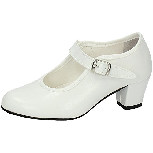 MADE IN SPAIN 15 Zapatos de Polipiel para Bailar Flamenco o sevillanas, con Hebilla y tacón de 4cm, en Color Blanco, Hechos en España NIÑA Zapatos TACÓN Blanco 37