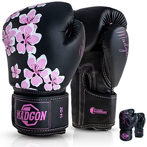 MADGON Guantes de Boxeo para Mujeres Hechos del Mejor Material para Una Larga Durabilidad – Guantes de Kick Boxing, Guantes MMA y Sparring – Óptima Absorción de Impactos – Incluye Bolsa