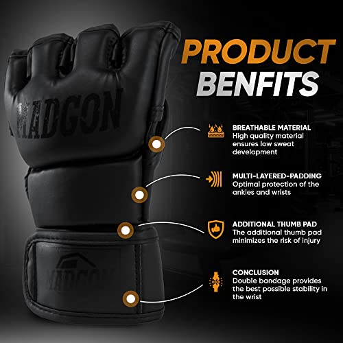 MADGON Guantes MMA con Acolchado Profesional – Guantes de Boxeo con Gran Estabilidad de Muñeca – Guantillas MMA Duraderas para Artes Marciales, Boxeo, Kickboxing, Sparring – Incluye Bolsa