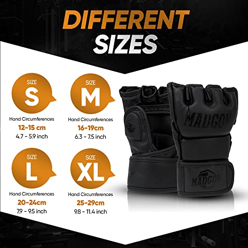 MADGON Guantes MMA con Acolchado Profesional – Guantes de Boxeo con Gran Estabilidad de Muñeca – Guantillas MMA Duraderas para Artes Marciales, Boxeo, Kickboxing, Sparring – Incluye Bolsa