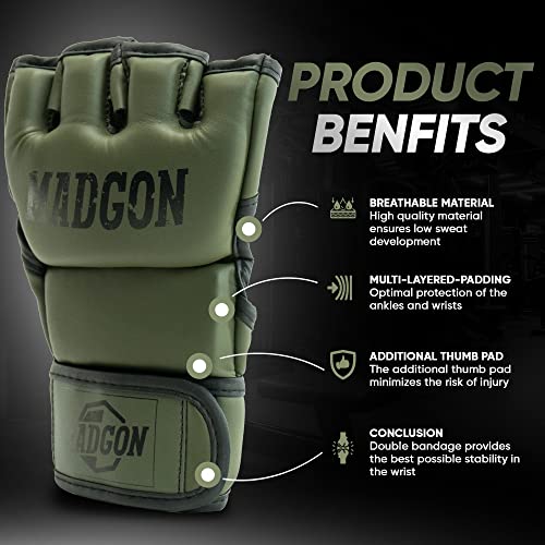 MADGON Guantes MMA con Acolchado Profesional – Guantes de Boxeo con Gran Estabilidad de Muñeca – Guantillas MMA Duraderas para Artes Marciales, Boxeo, Kickboxing, Sparring – Incluye Bolsa