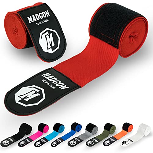 MADGON Vendas Boxeo con Correa de Velcro y Gancho para el Pulgar – 3m / 3,8 m / 4,5m – Vendaje Boxeo Duradero para MMA, Kickboxing, Sparring – Excelente Absorción del Sudor