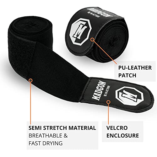 MADGON Vendas Boxeo con Correa de Velcro y Gancho para el Pulgar – 3m / 3,8 m / 4,5m – Vendaje Boxeo Duradero para MMA, Kickboxing, Sparring – Excelente Absorción del Sudor