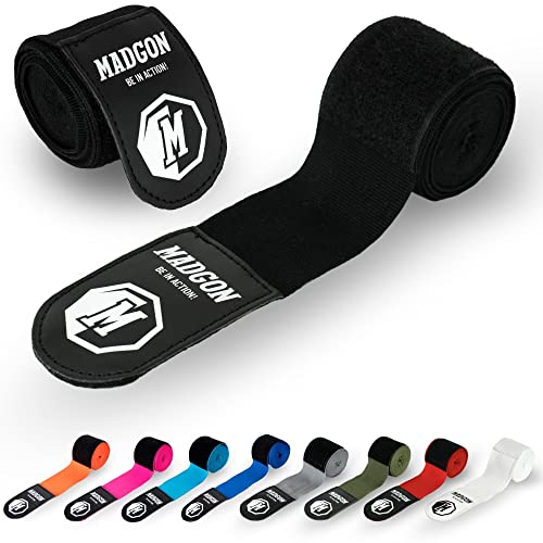 MADGON Vendas Boxeo con Correa de Velcro y Gancho para el Pulgar – 3m / 3,8 m / 4,5m – Vendaje Boxeo Duradero para MMA, Kickboxing, Sparring – Excelente Absorción del Sudor