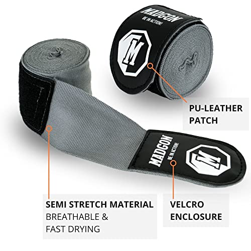 MADGON Vendas Boxeo con Correa de Velcro y Gancho para el Pulgar – 3m / 3,8 m / 4,5m – Vendaje Boxeo Duradero para MMA, Kickboxing, Sparring – Excelente Absorción del Sudor