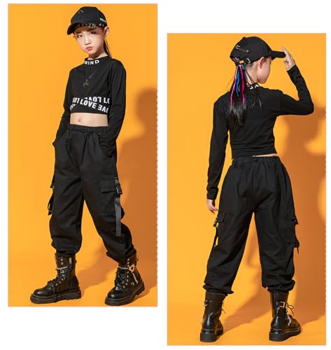 Maeau - Niña Pantalón Cargo y Top Corta de Manga Larga Pantalones Street Dance Jazz Style Camiseta Trajes de Hip Hop - Negro - 11-12 años