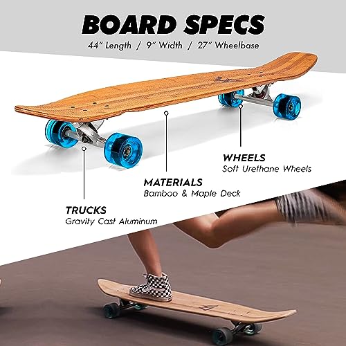 Magneto 44 Pulgadas kicktail Crucero Longboard monopatín | Bambú y Cubierta de Arce Duro | Hecho para Adultos, Adolescentes y niños (Azul)