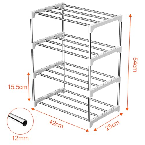 Magrimaxio Zapatero de 4 Niveles, Estantería de Metal para 8 Pares de Zapatos, Zapatera de Almacenamiento, Estantería de Zapatos Apilable para Entrada, Baño, Sala de Estar, Armario (Plata)