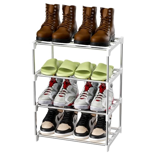 Magrimaxio Zapatero de 4 Niveles, Estantería de Metal para 8 Pares de Zapatos, Zapatera de Almacenamiento, Estantería de Zapatos Apilable para Entrada, Baño, Sala de Estar, Armario (Plata)