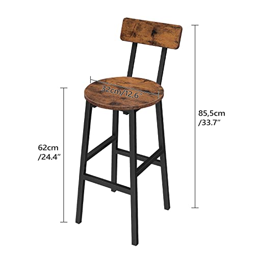 MAHANCRIS Juego de Taburetes de Bar, Conjunto de 2 Taburetes Redondos, Taburetes Altos con Respaldo, Sillas de Bar con Reposapiés, Taburetes de Desayuno para Comedor, Marrón Vintage ABAHR02101