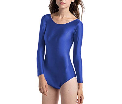 Maillot Ballet Mujer de Manga Larga y Cuello Redondo, Maillot Danza Niña para Bailarina Gimnasia, Consulte la Tabla de Tallas Antes de Comprar (Azul, XL)