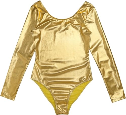 Maillot Ballet Mujer de Manga Larga y Cuello Redondo, Maillot Danza Niña para Bailarina Gimnasia, Consulte la Tabla de Tallas Antes de Comprar (Dorado, L)