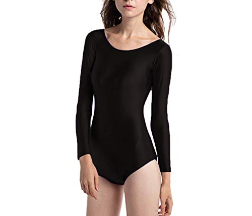 Maillot Ballet Mujer de Manga Larga y Cuello Redondo, Maillot Danza Niña para Bailarina Gimnasia, Consulte la Tabla de Tallas Antes de Comprar (Negro, XL)