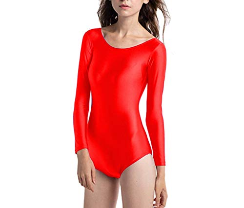 Maillot Ballet Mujer de Manga Larga y Cuello Redondo, Maillot Danza Niña para Bailarina Gimnasia, Consulte la Tabla de Tallas Antes de Comprar (Rojo, S)