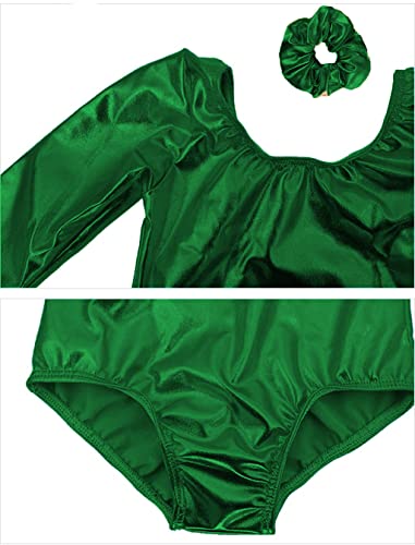 Maillot Ballet Niña de Manga Larga y Cuello Redondo, Maillot Brillante Danza Niña para Bailarina Gimnasia, 2PCS (12 años, Verde)