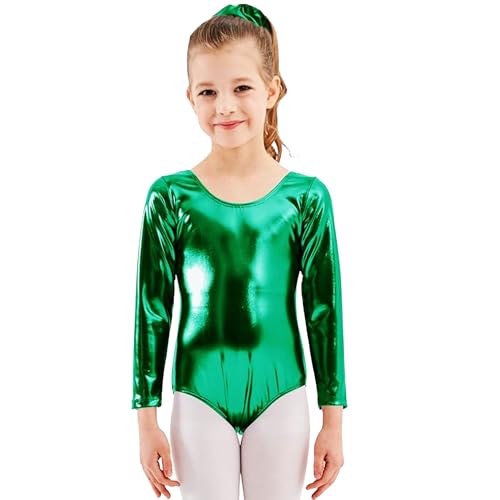 Maillot Ballet Niña de Manga Larga y Cuello Redondo, Maillot Brillante Danza Niña para Bailarina Gimnasia, 2PCS (12 años, Verde)