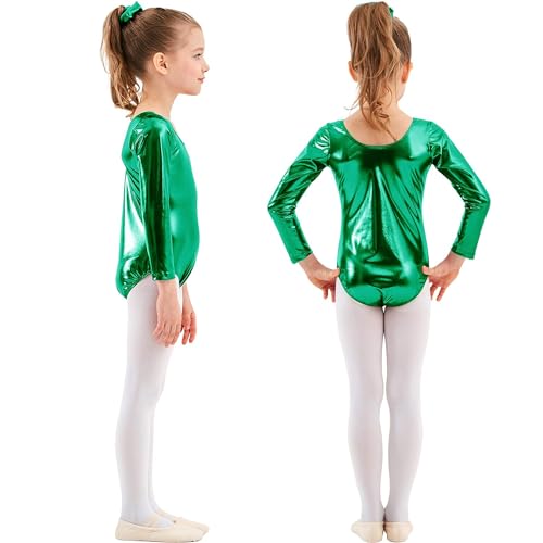 Maillot Ballet Niña de Manga Larga y Cuello Redondo, Maillot Brillante Danza Niña para Bailarina Gimnasia, 2PCS (12 años, Verde)