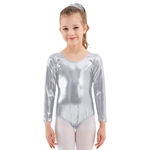 Maillot Ballet Niña de Manga Larga y Cuello Redondo, Maillot Brillante Danza Niña para Bailarina Gimnasia, 2PCS (8 años, Plateado)