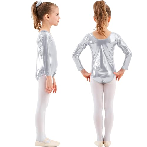 Maillot Ballet Niña de Manga Larga y Cuello Redondo, Maillot Brillante Danza Niña para Bailarina Gimnasia, 2PCS (8 años, Plateado)