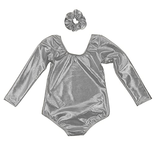 Maillot Ballet Niña de Manga Larga y Cuello Redondo, Maillot Brillante Danza Niña para Bailarina Gimnasia, 2PCS (8 años, Plateado)