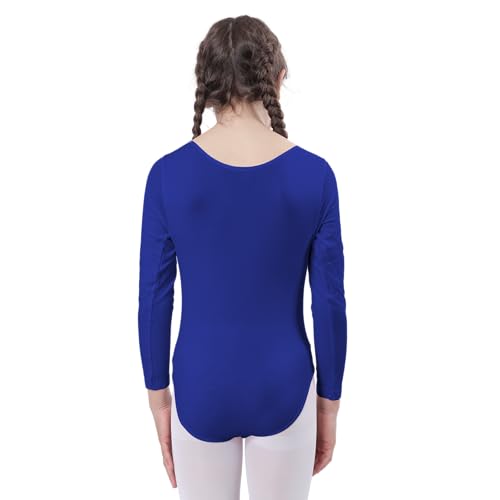 Maillot Ballet Niña de Manga Larga y Cuello Redondo, Maillot Danza Niña para Bailarina Gimnasia, (Azul, 7-9 años)