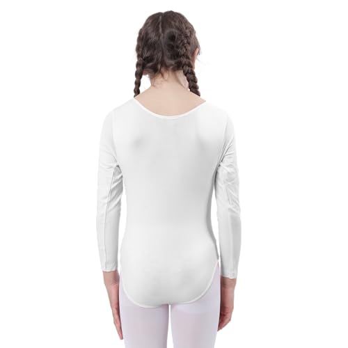 Maillot Ballet Niña de Manga Larga y Cuello Redondo, Maillot Danza Niña para Bailarina Gimnasia, (Blanco, 4 años)