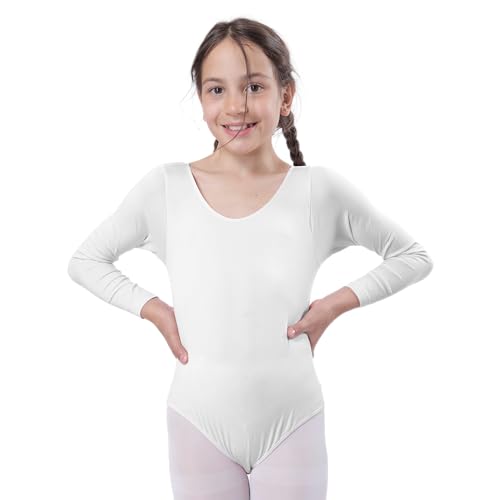 Maillot Ballet Niña de Manga Larga y Cuello Redondo, Maillot Danza Niña para Bailarina Gimnasia, (Blanco, 4 años)