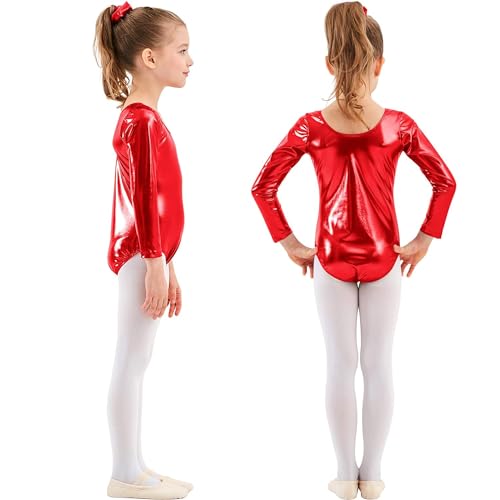 Maillot Ballet Niña de Manga Larga y Cuello Redondo, Maillot Danza Niña para Bailarina Gimnasia, (Rojo brillo, 10 años)