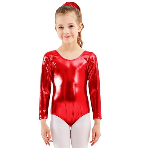 Maillot Ballet Niña de Manga Larga y Cuello Redondo, Maillot Danza Niña para Bailarina Gimnasia, (Rojo brillo, 10 años)