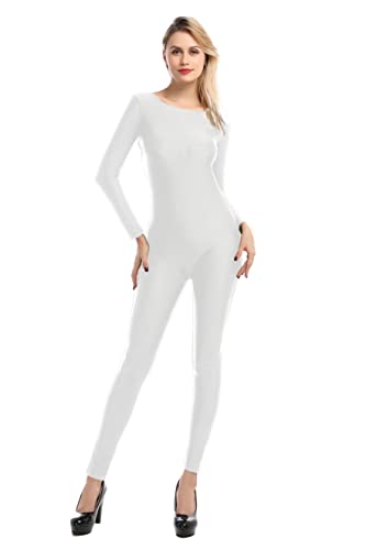 Maillot de Danza Ballet Mujer, Mono de Cuello Redondo con Manga Larga, Body Ajustado de Cuerpo Completo de Gimnasia Rítmica Leotardo de Patinaje (S, Blanco)