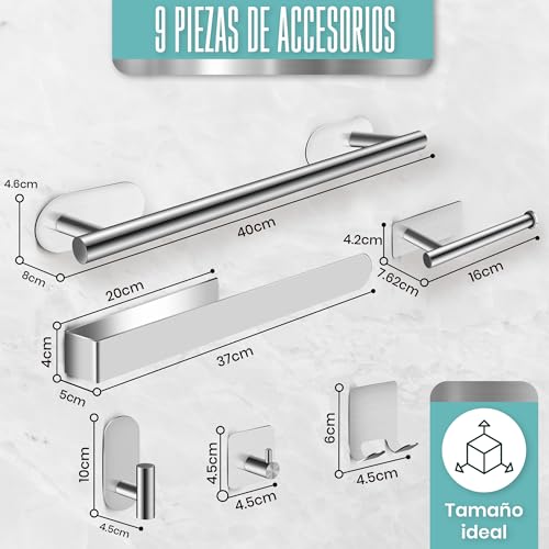 MAISONLAND - Juego de Accesorios Baño sin Taladro | 9 Piezas, Acero Inoxidable, Pegatina de Doble Cara y Pegamento Extra Incluido | Toalleros de Baño sin Taladro | Portarrollos Papel Higienico