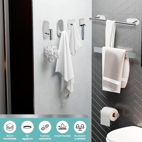 MAISONLAND - Juego de Accesorios Baño sin Taladro | 9 Piezas, Acero Inoxidable, Pegatina de Doble Cara y Pegamento Extra Incluido | Toalleros de Baño sin Taladro | Portarrollos Papel Higienico