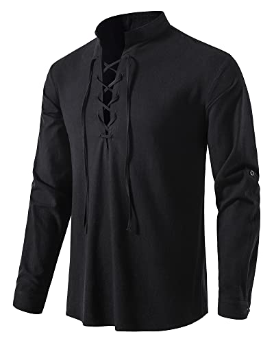 MakingDa Camisa escocesa clásica de algodón para hombre de Jacobita Ghillie Kilt elegante casual de manga larga sin cuello y acogedoras con cordones camisas llanas, A275-negro, L