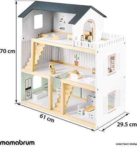 Mamabrum Casa de Muñecas de Madera 70x30x60cm para Niños con Terraza Grande 4 Figuras, 3 Pisos, 2 Dormitorios, Cocina, Sala de Estar y 18 Habitaciones Móviles, Juguete para Niños de 3 Años