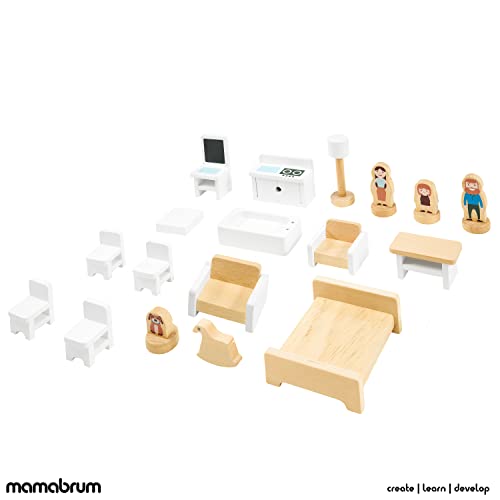 Mamabrum Casa de Muñecas de Madera 70x30x60cm para Niños con Terraza Grande 4 Figuras, 3 Pisos, 2 Dormitorios, Cocina, Sala de Estar y 18 Habitaciones Móviles, Juguete para Niños de 3 Años