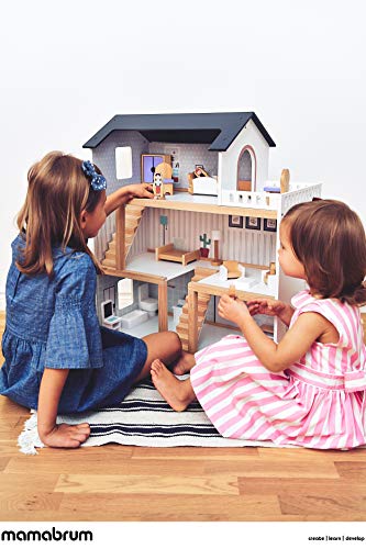 Mamabrum Casa de Muñecas de Madera 70x30x60cm para Niños con Terraza Grande 4 Figuras, 3 Pisos, 2 Dormitorios, Cocina, Sala de Estar y 18 Habitaciones Móviles, Juguete para Niños de 3 Años