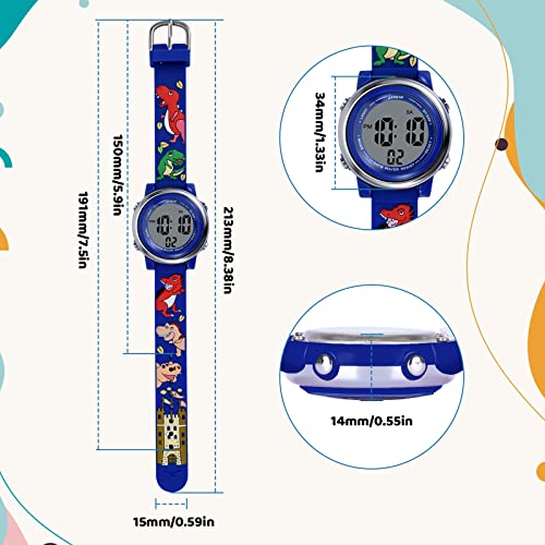 Mamiddle Reloj Deportivos Digital para Niño Niña Reloj Infantil Impermeable 3ATM con Alarma Fecha Cronómetro 7 Luces traseras LED (Dinosaurio Azul)