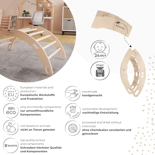 MAMOI® Triángulo de Escalada con colchoneta | Colchoneta de Gimnasio niños de Materiales Naturales | Triángulo de Escalada para niños de Madera Interior Exterior | Equilibrio niños | 100% Eco