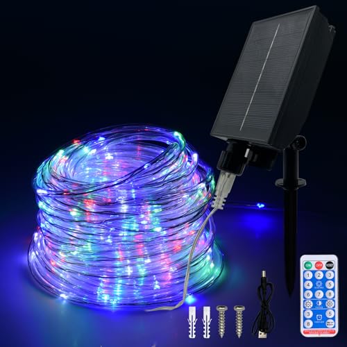 Manguera de luz solar exterior, 20 m, 200 LED, resistente a la intemperie, 8 modos de iluminación, RGB cadena de luces para exteriores con mando a distancia, piscina, cama elástica (multicolor)