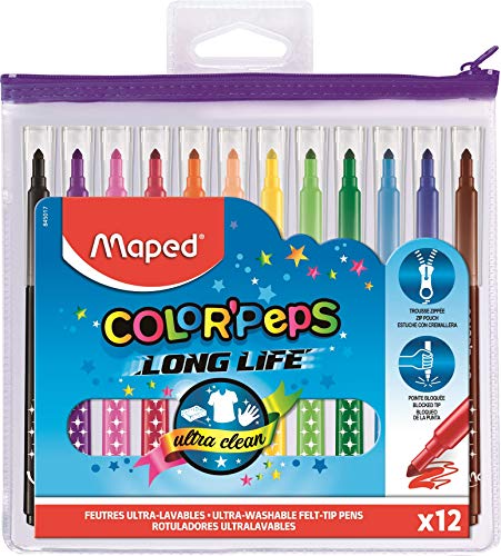 Maped Long Life - Juego de 12 rotuladores de punta media, muy lavables y duraderos, punta media, bloquean los colores vivos, ideales para el comienzo de la escuela, de plástico, con cremallera