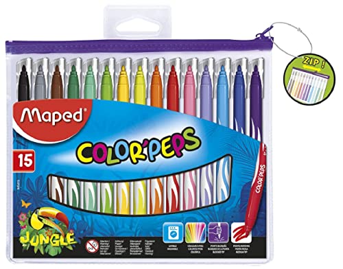 Maped – Rotuladores para colorear con punta media bloqueada – 15 rotuladores para colorear – Lavable y resistente al secado – Punta media bloqueada – Colores vivos – Ideal para suministros escolares –