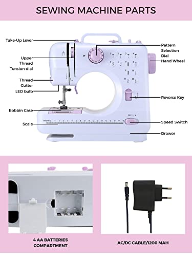 Máquina de Coser Portátil con 2 Velocidades y 12 Puntadas. Pedal, 2 Carretes, Aguja de Recambio, Cortador de Hilo y Luz de Trabajo, Funcionamiento con Cable o Pilas AA (no incluidas).