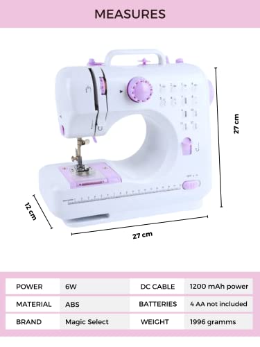 Máquina de Coser Portátil con 2 Velocidades y 12 Puntadas. Pedal, 2 Carretes, Aguja de Recambio, Cortador de Hilo y Luz de Trabajo, Funcionamiento con Cable o Pilas AA (no incluidas).