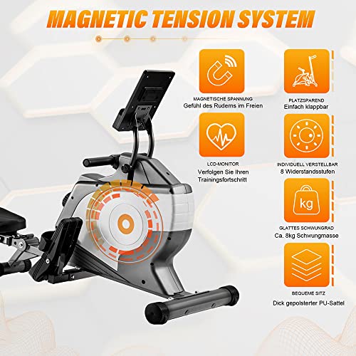 Maquina Remo Plegable,Maquina De Remo para Casa,Sistema MagnéTico,8 Niveles De Resistencia,GuíA De Desplazamiento De Aluminio,Ideal para Fitness,Entrenamiento.